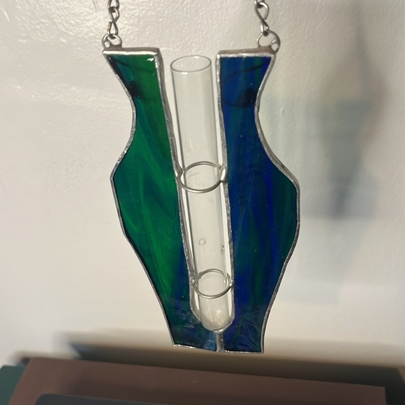 Handmade‎ Signed & Dated Stained Glass Blue & Green Plant Propagation Station - Picture 2 of 6